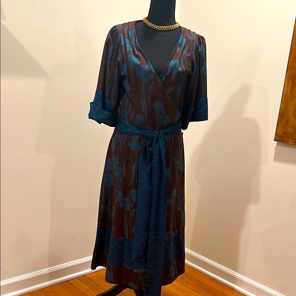 MARC BY MARC JACOBS Elegant Brown and Blue Wrap Silk Dress
